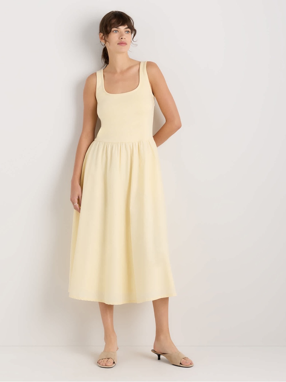 Quince Cotton Mixed Media Tank Dress Pale Custard Yellow size S